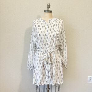 DOEN Mini Shirt Dress White Floral Long Sleeve Belted Organic Cotton
